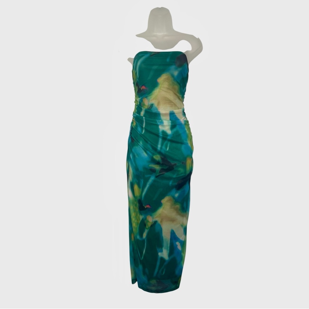 💙 PrettyGarden Strapless Maxi Bodycon Mesh Dress in Green Multicolor - Sz Large - Picture 5 of 10